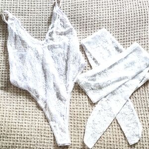 White Lace Bodysuit and Stockings Set